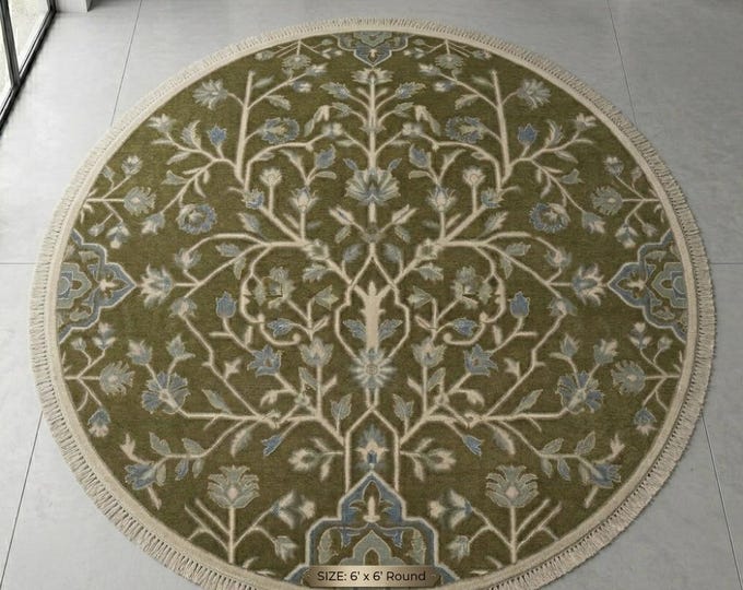 Hand Knotted Wool Rug, Olive Green Floral Botanical Oushak Inspired Carpet (6'x6')