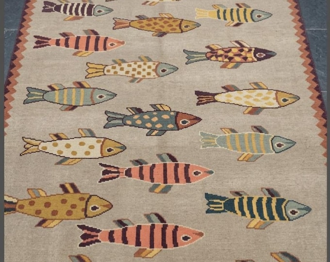 Fish Pattern Rug Handmade Wool Area Rug Coastal Nautical Carpet Colorful Fish Rug Kids Room Rug Beach House Decor Ocean Theme Runner Rug