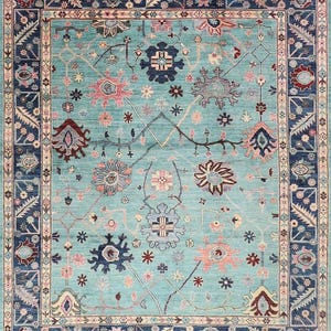 Hand Knotted Wool Rug: Soft Sky Blue Floral Oushak Style