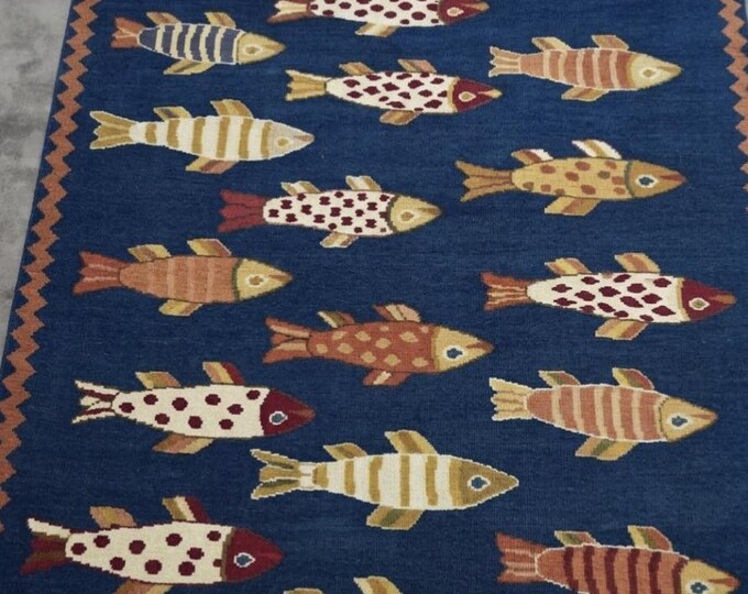 Hand-knotted Wool Fish Rug, Coastal Nautical Kids Room Carpet