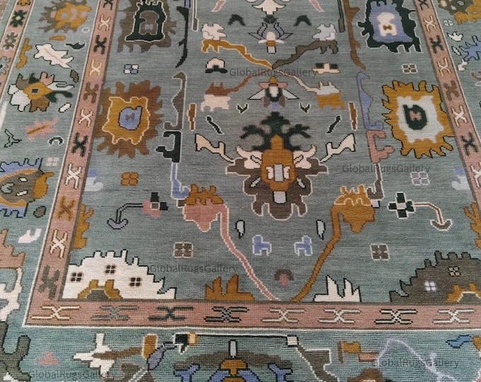 Handwoven Green Oushak Rug – 9x12 Wool Persian Style Area Rug for Living Room bedroom