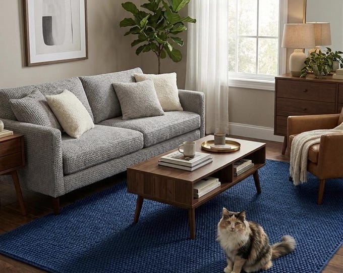 Handwoven Navy Blue Wool Rug, Textured Chunky Loop Carpet, Modern Minimalist Area Rug