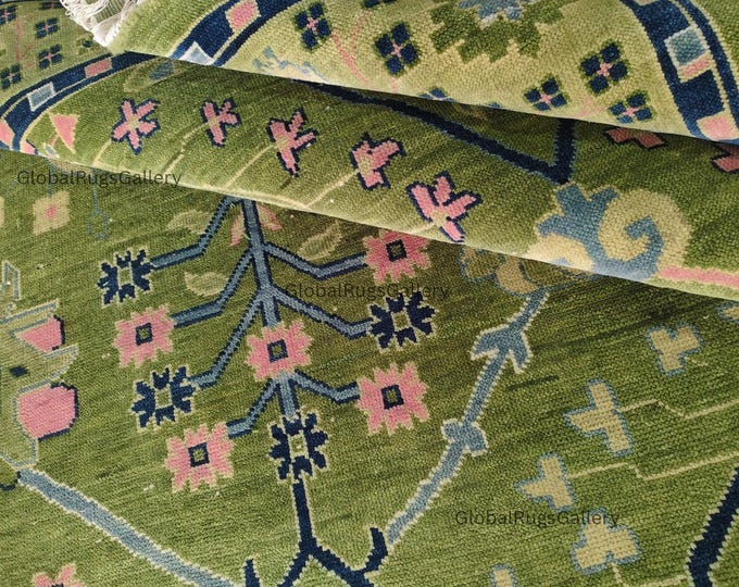 Hand Knotted Olive Green Wool Rug – Vintage Oushak Floral Carpet for living room bedroom