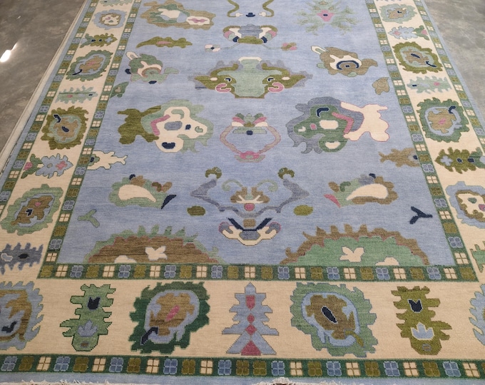 Hand Knotted Oushak Rug 8x10, Pastel Blue Turkish Wool Area Rug