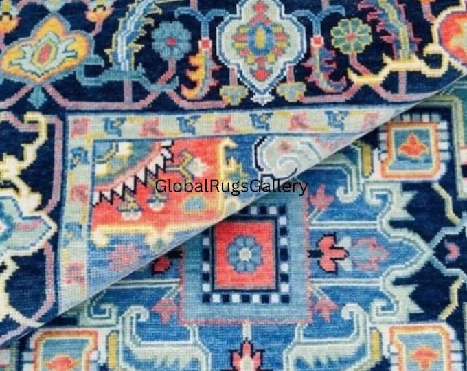 Handmade Oushak Wool Rug: Powder Blue Floral Medallion Carpet