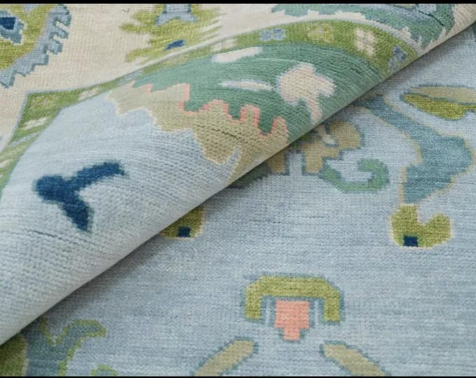 Hand Knotted Oushak Wool Rug, Soft Sky Blue Floral Turkish Carpet