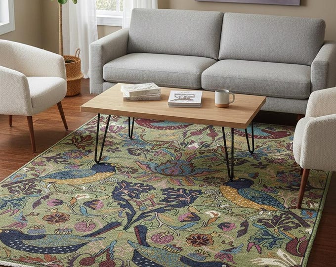 William Morris Style Area Rug | Green Bird & Floral Carpet