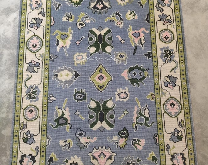 Hand-knotted Wool Oushak Rug, 6x6 ft Pastel Floral Boho Farmhouse Carpet