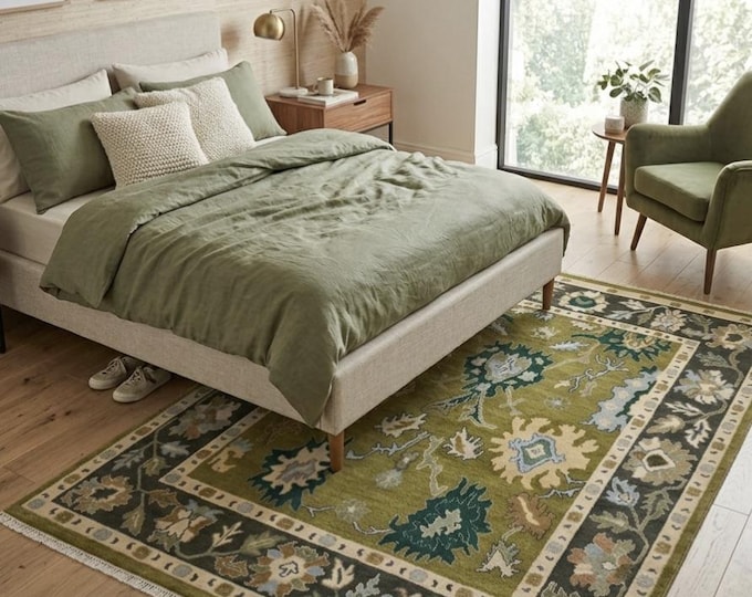 Hand-Knotted Oushak Rug 8x10, Green Floral Turkish Wool Carpet, Living Room Bedroom