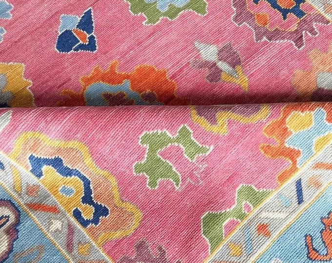 Hand Knotted Wool Oushak Rug, 8x10 ft, Hot Pink Floral Boho