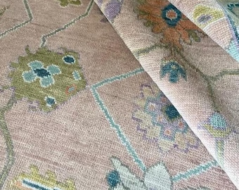 Hand Knotted Oushak Wool Rug 9x12, Beige Pink Floral Turkish Carpet