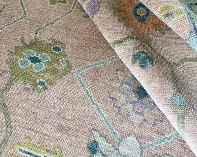 Hand Knotted Oushak Wool Rug 9x12, Beige Pink Floral Turkish Carpet