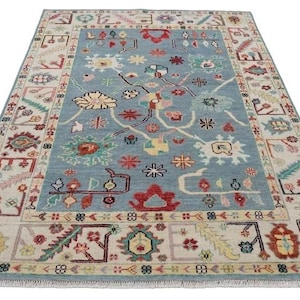 Blue Oushak Rug: Handmade Wool, Turkish Knot, Floral Design
