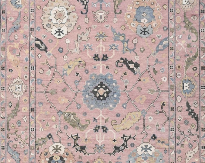 Handmade Wool Oushak Rug 9x12 | Muted Pink Floral Turkish Carpet
