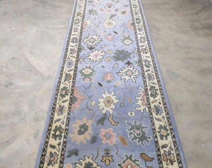 Handmade Oushak Runner Rug: Pastel Blue Floral Wool, Turkish Style Hallway Carpet