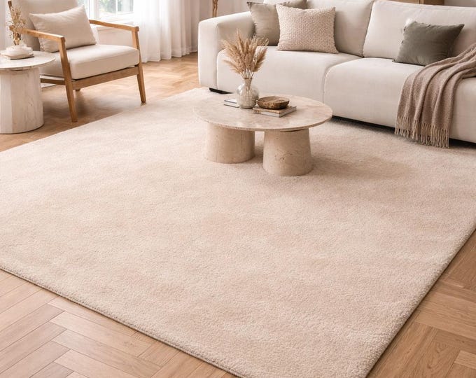 Handmade Beige Wool Rug, Plush Scandinavian Style, Modern Minimalist Decor