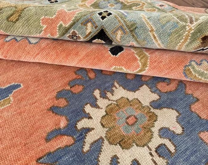 Hand Knotted Oushak Rug 9x12 | Orange Turkish Wool Floral Carpet