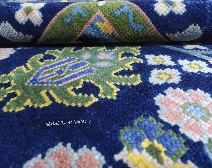 Hand Knotted Oushak Wool Rug – Blue Floral Oriental Carpet for living room bedroom