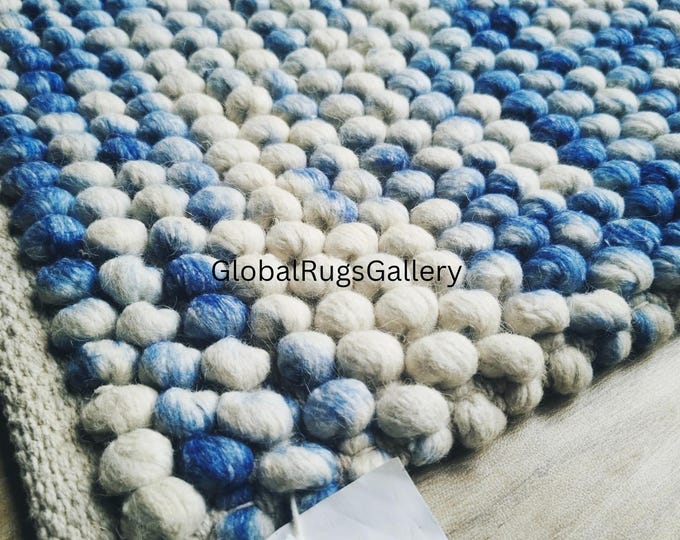 Handmade Blue & White Felt Ball Rug - Wool Nursery Carpet