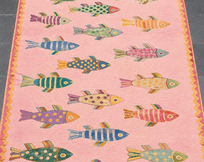 Hand Quality Fish Rug, Pink Wool Area Rug, Coastal Nautical Rug, Ocean Theme Rug, Marine Life Carpet, Kids Room Rug, Handmade Wool Rug, Cust
