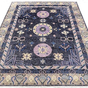 Hand Knotted Wool Rug: Blue Purple Floral Oushak Style