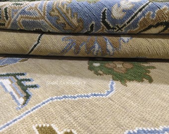 Hand Knotted Oushak Wool Rug, Floral Turkish Carpet, 9x12 ft