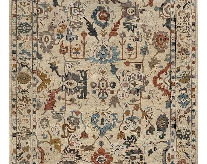 Hand Knotted Oushak Rug, Vintage Turkish Area Rug, Ivory Floral Wool Rug, Handmade Living Room Rug, Beige Blue Rug, Custom Size Carpet