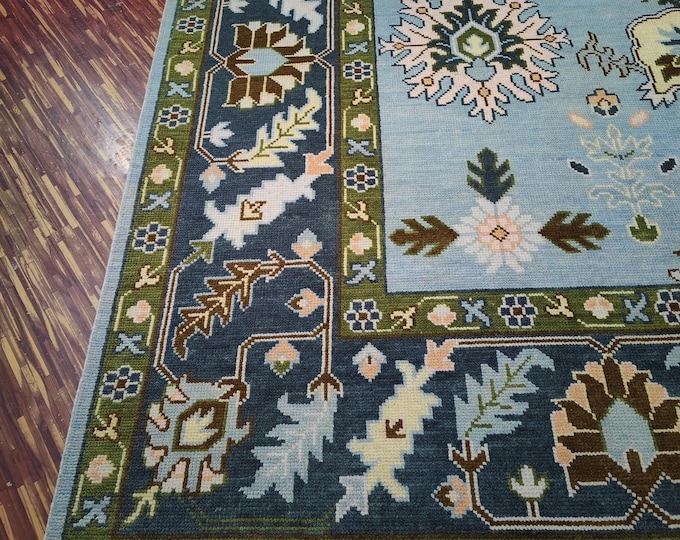 Hand Knotted Oushak Wool Rug, Silver Gray Green Floral Turkish Carpet, 9x12