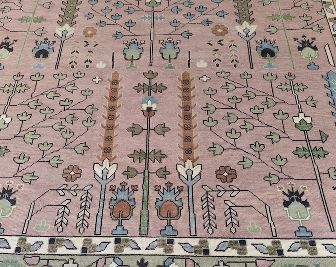 Handwoven Pink Wool Kilim Rug – Turkish Boho Geometric Carpet