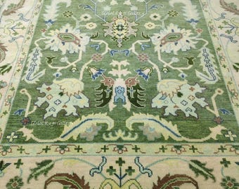 Quick Ship Hand Knotted Wool Rug 8x10 | Green Floral Oushak Style