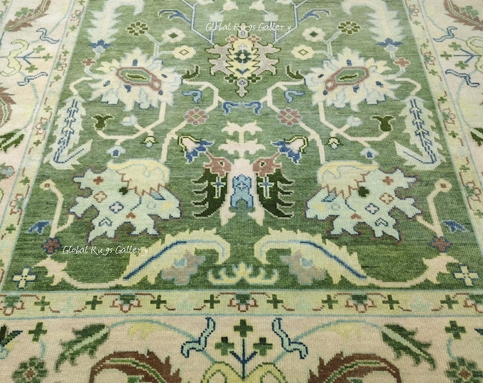 Quick Ship Hand Knotted Wool Rug 8x10 | Green Floral Oushak Style