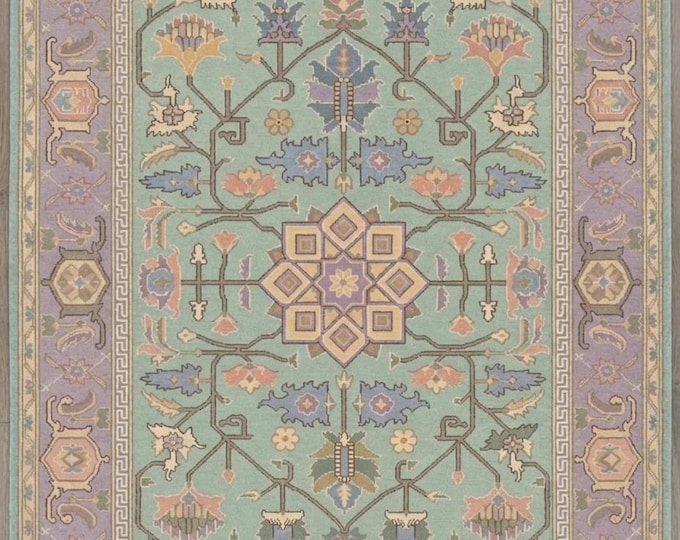Hand Knotted Oushak Rug Pastel Turkish Area Rug, Mint Green Lavender Rug Vintage Floral Wool Carpet, Living Room Bedroom Rug Custom Size Rug