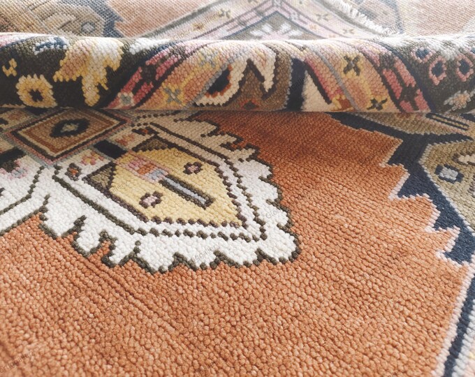 Vintage Hand Knotted Kilim Wool Rug, 9x12 ft, Orange Tribal Geometric Design