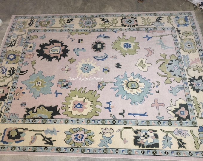 Handmade Pastel Oushak Wool Rug 9x12, Turkish Floral Area Rug