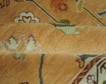 Hand Knotted 8x11 Wool Oushak Rug, Dark Peach Floral Turkish Carpet