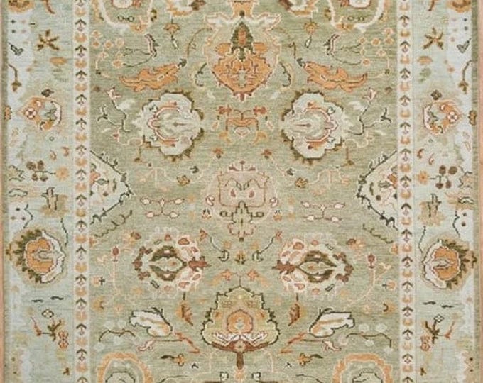 Antique Light Green Knotted Rug: Handmade Floral Wool