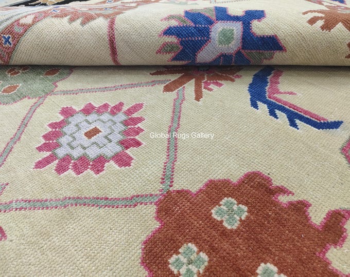 Hand Knotted Oushak Wool Rug 9x12: Turkish Style Beige, Pink, Blue Floral Carpet