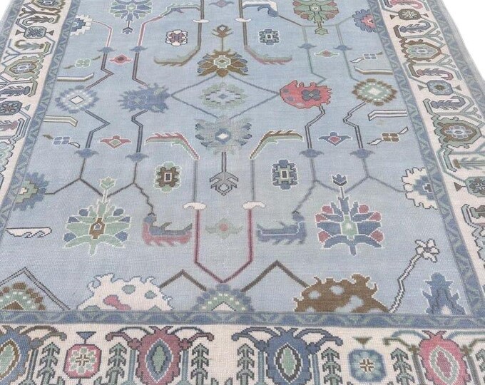 Handmade Oushak Wool Rug: Powder Blue Floral Carpet, 4x6 to 10x14