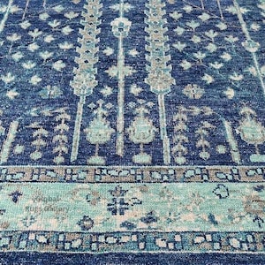Blue Turkish Knotted Rug: Handmade Wool Antique Floral Rug