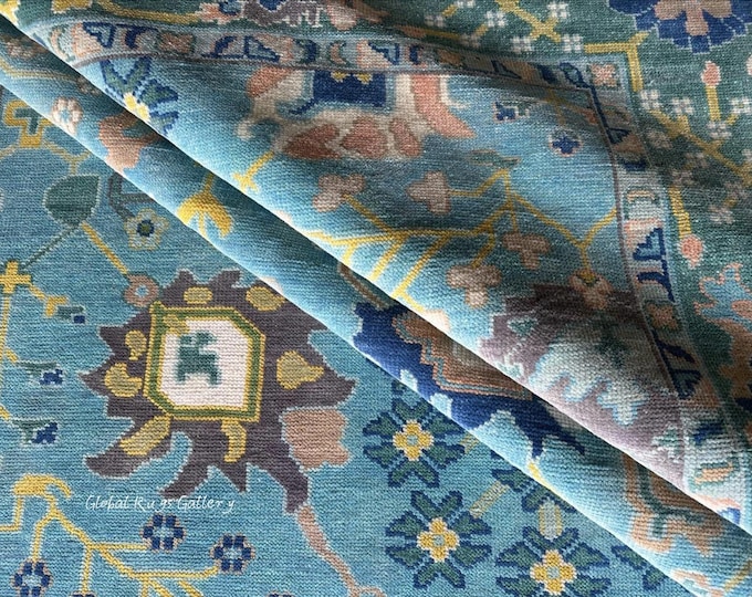 Handknotted Blue Oushak Rug – Turkish Floral Wool Carpet for bedroom living room kitchen