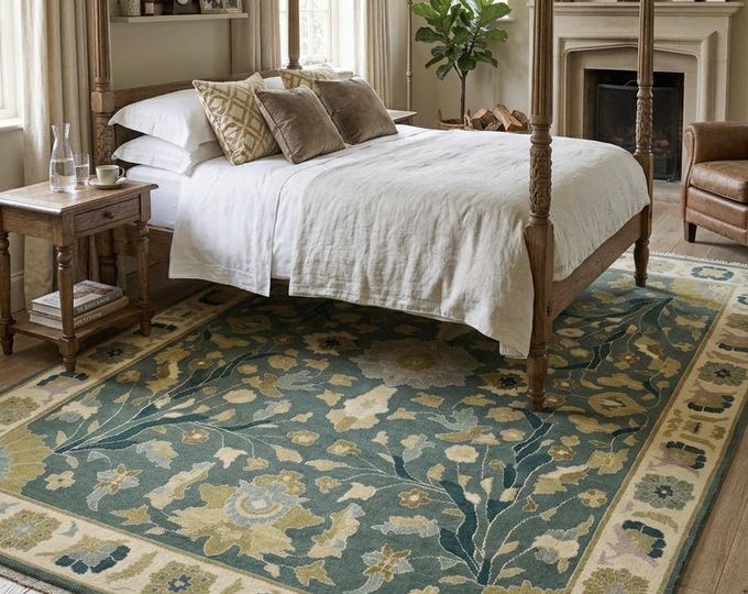 Handmade Wool Oushak Rug, Sage Green Floral Area Carpet, Living Room Bedroom Area Rug