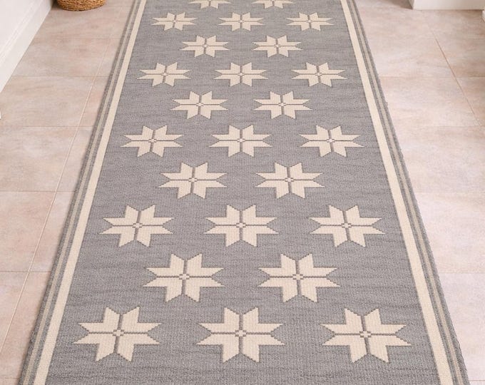 Hand Knotted Wool Area Rug, Grey Ivory Nordic Star Geometric Design