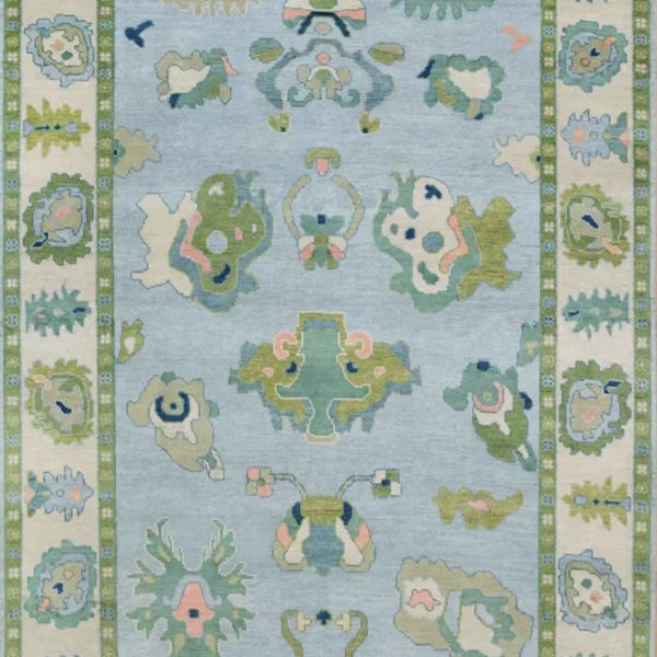 Hand Knotted Oushak Wool Rug, Soft Sky Blue Floral Turkish Carpet