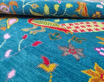 3x5 feet Hand Knotted Wool Peacock Bird Rug: Turkish Oushak Inspired, Maximalist Living Room Area Rug