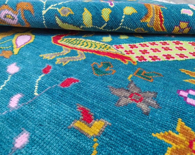 3x5 feet Hand Knotted Wool Peacock Bird Rug: Turkish Oushak Inspired, Maximalist Living Room Area Rug