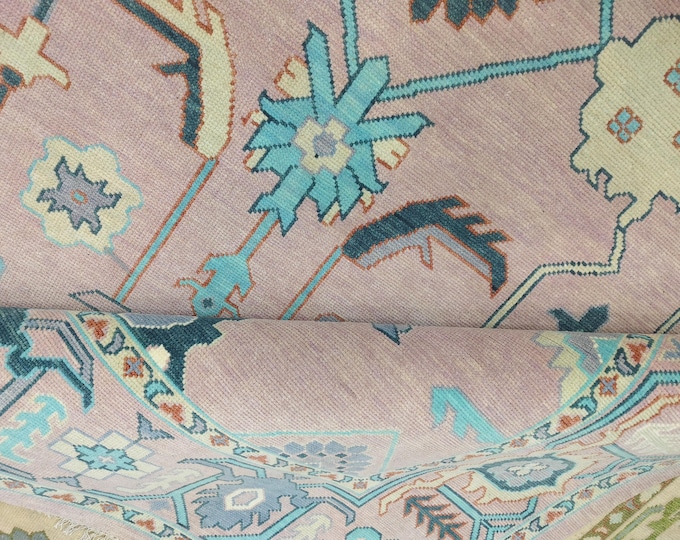 Hand Knotted Oushak Rug 9x12, Pastel Ivory Blush Pink Wool Carpet