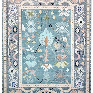 Hand-Knotted Wool Rug: Soft Sky Blue Floral Oushak Style