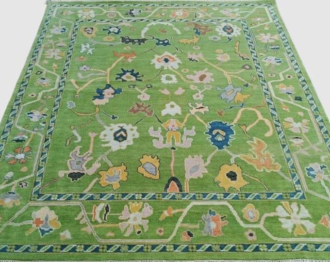 Hand Knotted Oushak Wool Rug, Olive Green Tree of Life, 8x11 ft
