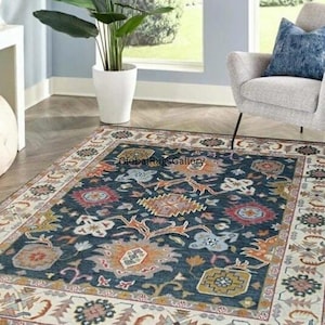 Hand Knotted Wool Rug: Navy Anatolian Geometric Tribal Design