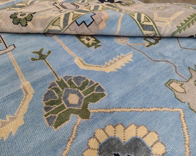 Hand Knotted Oushak Rug, Blue Beige Wool Area Rug, Turkish Style Floral Rug, Living Room Rug, Bedroom Carpet, Farmhouse Home Decor